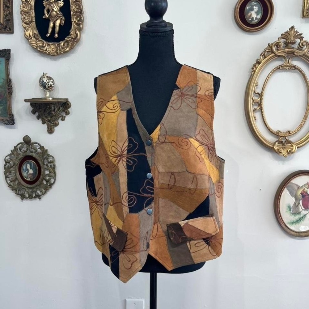 Vintage Mini Mode Patchwork Leather Vest Western Boho Suede Vest